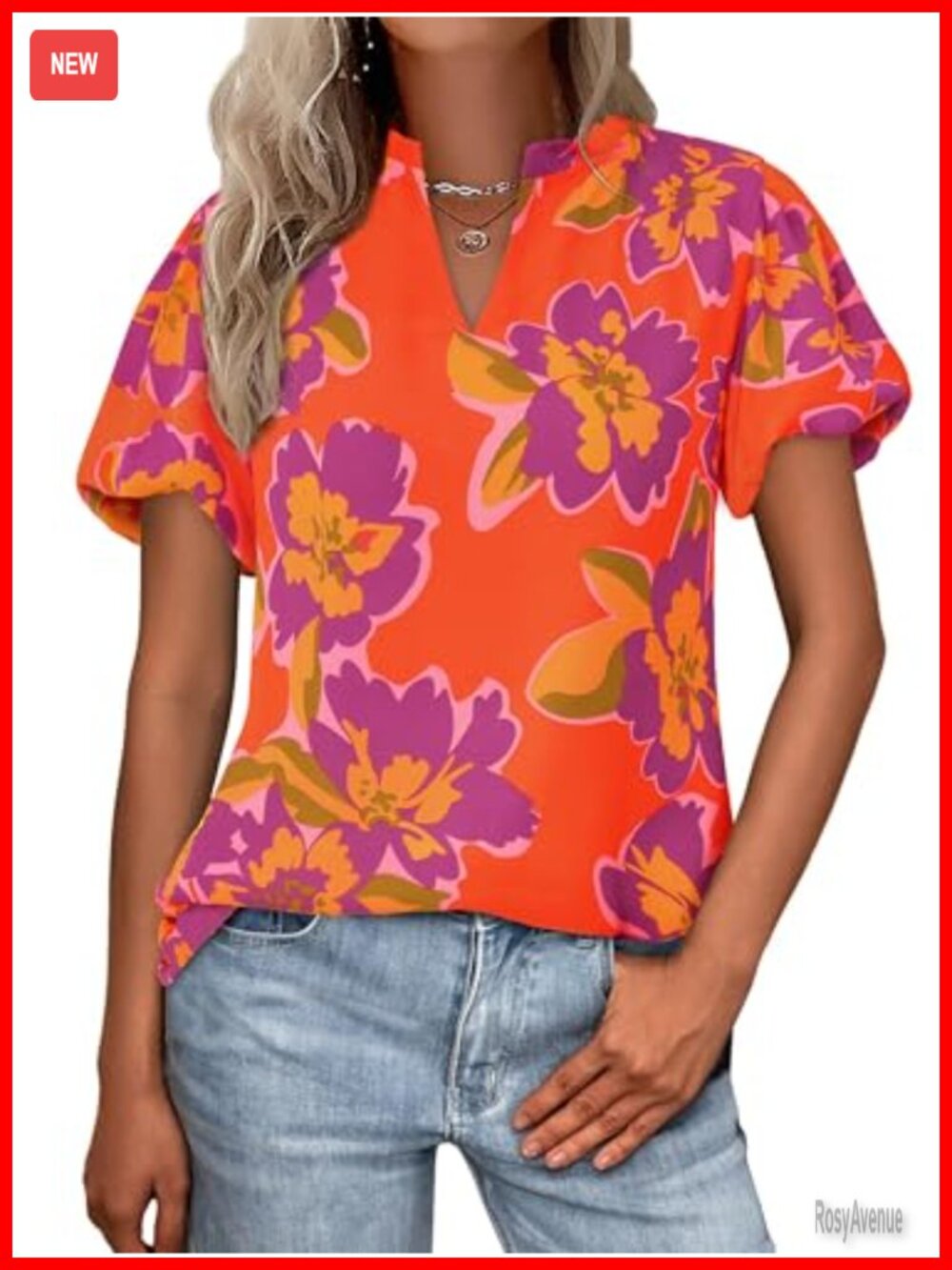 Women's Boho Floral Chiffon Blouse Puff Short Sleeve V-Neck Work Top
